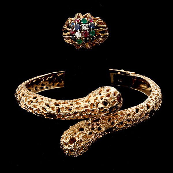 MULTI-STONE, 14K, 18K YELLOW GOLD JEWELRY.: COLLECTION OF MULTI-STONE, 14K, 18K YELLOW GOLD JEWELRY. Including an 18k yellow gold ring accented by six round sapphires weighing a total of approximately 0.30 ct., four rubies weighing a total of a