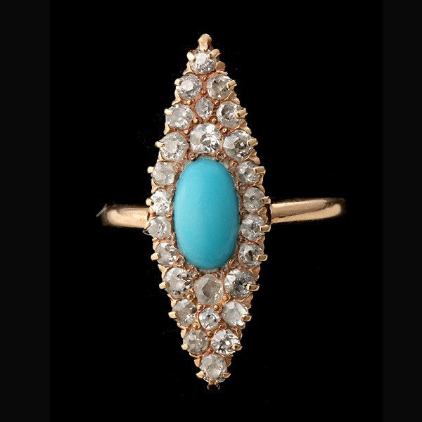 BLUE STONE, DIAMOND, 14K YELLOW GOLD RING.: BLUE STONE, DIAMOND, 14K YELLOW GOLD RING. Centering one oval blue cabochon measuring 8.50 mm x 5.50 mm, accented by twenty-six old European-cut diamonds weighing a total of approximately 0.65 ct., be