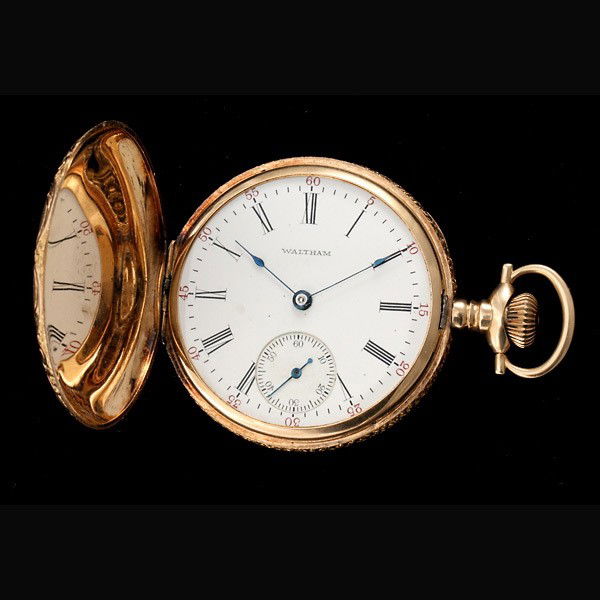 WALTHAM 14K YELLOW GOLD HUNTING CASE POCKET WATCH.: WALTHAM 14K YELLOW GOLD HUNTING CASE POCKET WATCH. Dial: Round, white, black Roman numeral hour markers, outer black and red minutes track, sunken subsidiary seconds dial at six o'clock, blued spade h