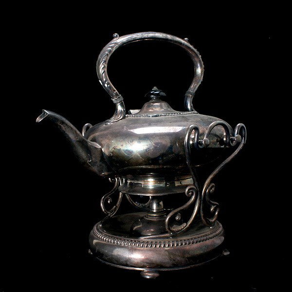 Silver Plate Wood Finial Tea Kettle on Stand: Silver Plate Tea Kettle on Stand with Wood Finial {Height 12 1/2 inches}