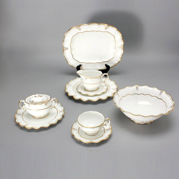 Royal Crown Derby Service in Lombardy Pattern: Royal Crown Derby England Bone China Partial Dinner Service in the Lombardy Pattern: fourteen dinner plates (diameter 10 1/4 inches, one plate with chip under rim); fourteen lunch plates (diameter 8 i