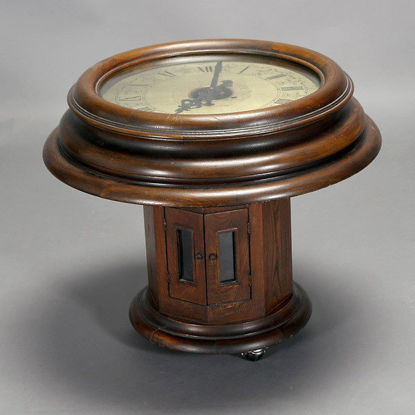 Octagonal Side Table with ClockTop: Novelty Octagonal Columnar Table with Brass Clock Mounted in a Shadow Box, 20th Century {Height 22 1/2 inches; maximum diameter 25 inches}