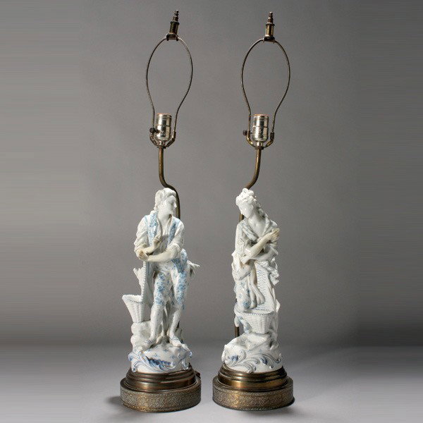 Pair of European Faience Lamps: Pair of European Faience Figural Lamps {Height without fixture 15 1/4 inches} [Losses]