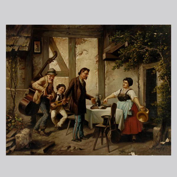 German Asutrian school oil 19th centruy: GERMAN or AUSTRIAN SCHOOL (19th century) "Courtyard with Musicians" Oil on canvas. 21 1/2 x 26 3/4 inches. Signed illegibly lower right. In good/fair condition: Multiple repairs to the canvas, paint l