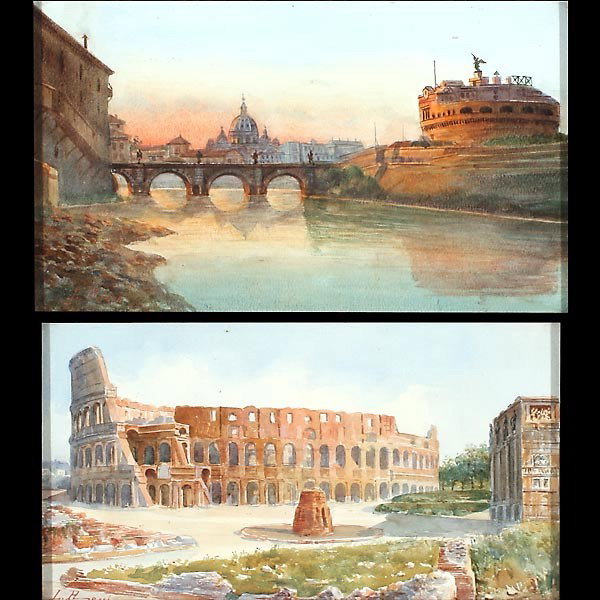 18th19th c. watercolors of Rome signed Rossi: L. ROSSI (Italian, 18th/19th century) Pair of paintings: Veduti di Roma: Ponte e il Castel San Angelo; Colosseo. Watercolor on paper. Each 7 x 11 1/2 inches. Each signed lower left. Both in very good 