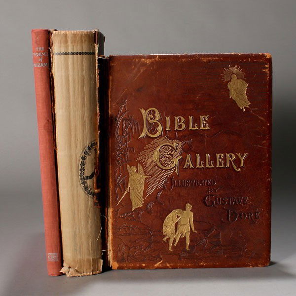 3 Books 2 Illustrated by Gustave Dore: Three books: "The Poems of Nizami" Red cloth bound, good condition. "History of the Crusades" by Michaud, ilustrated by Gustave Dore. Good condition: Cover spine missing. "Bible Gallery" Illustrated b