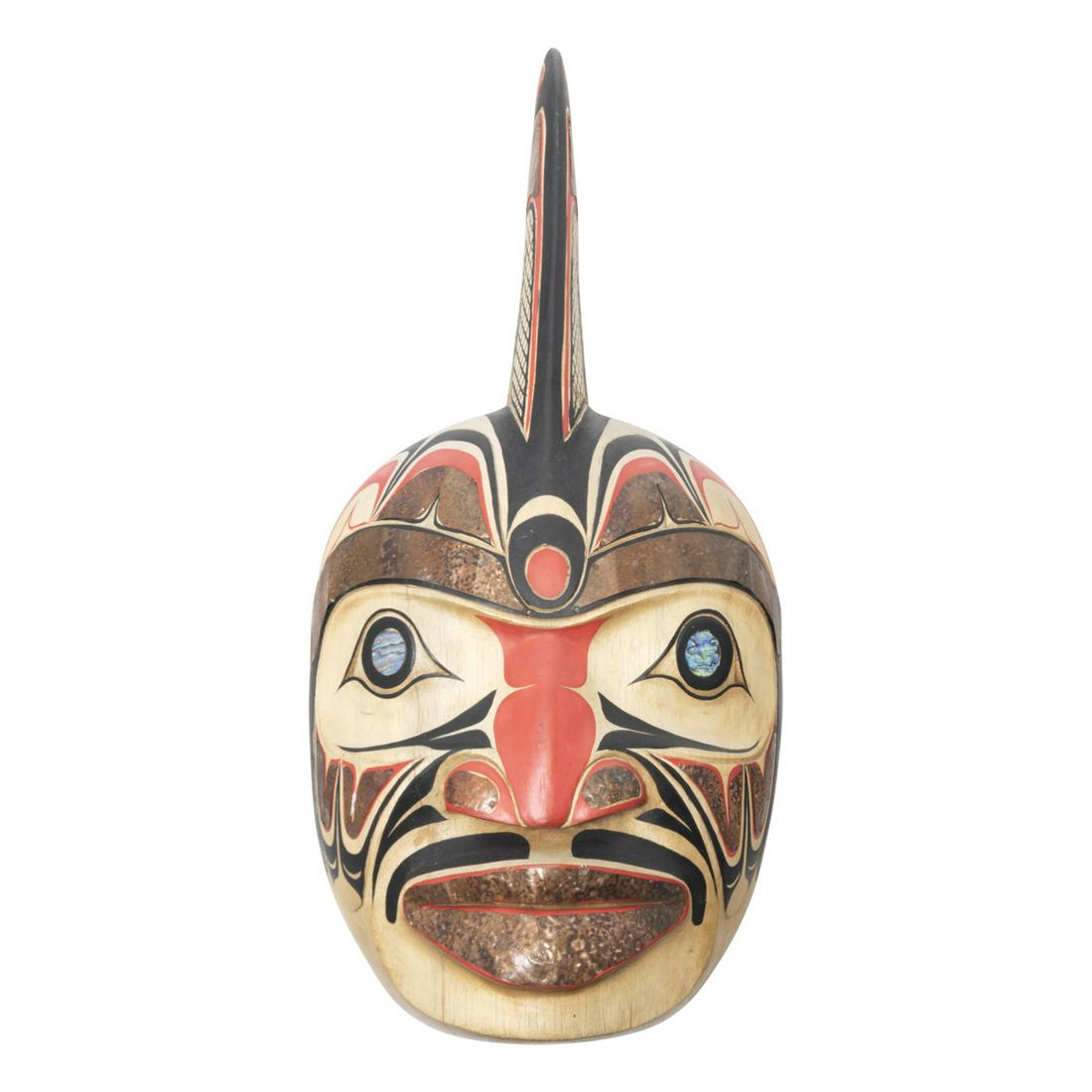 JLK Haida Killer Whale Mask: JLK Haida Killer Whale Mask. Carved and painted wood, mother of pearl eyes, and copper mounts. Signed to reverse JLK Killer Whale Mask. {Approximate dimensions: 24 high x 11 3/8 inches wide.}. Conditi