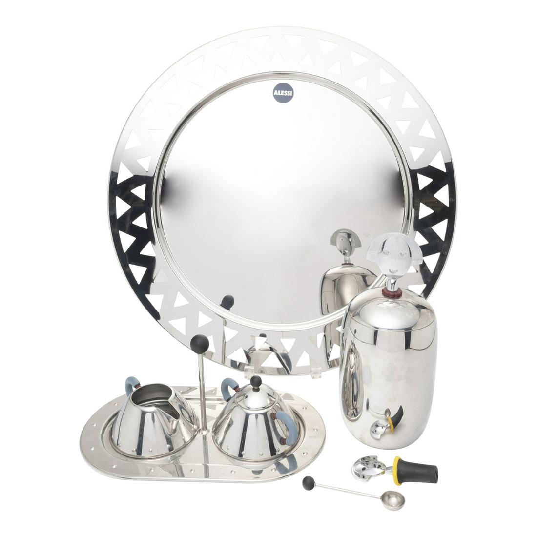 Graves and Mendini for Alessi With Additional Items: M. Graves and A. Mendini for Alessi and Additional Alessi Items. Michael Graves pieces comprising a sugar and creamer set on tray; Allessandro Mendini pieces comprising wine stopper and covered jar; a