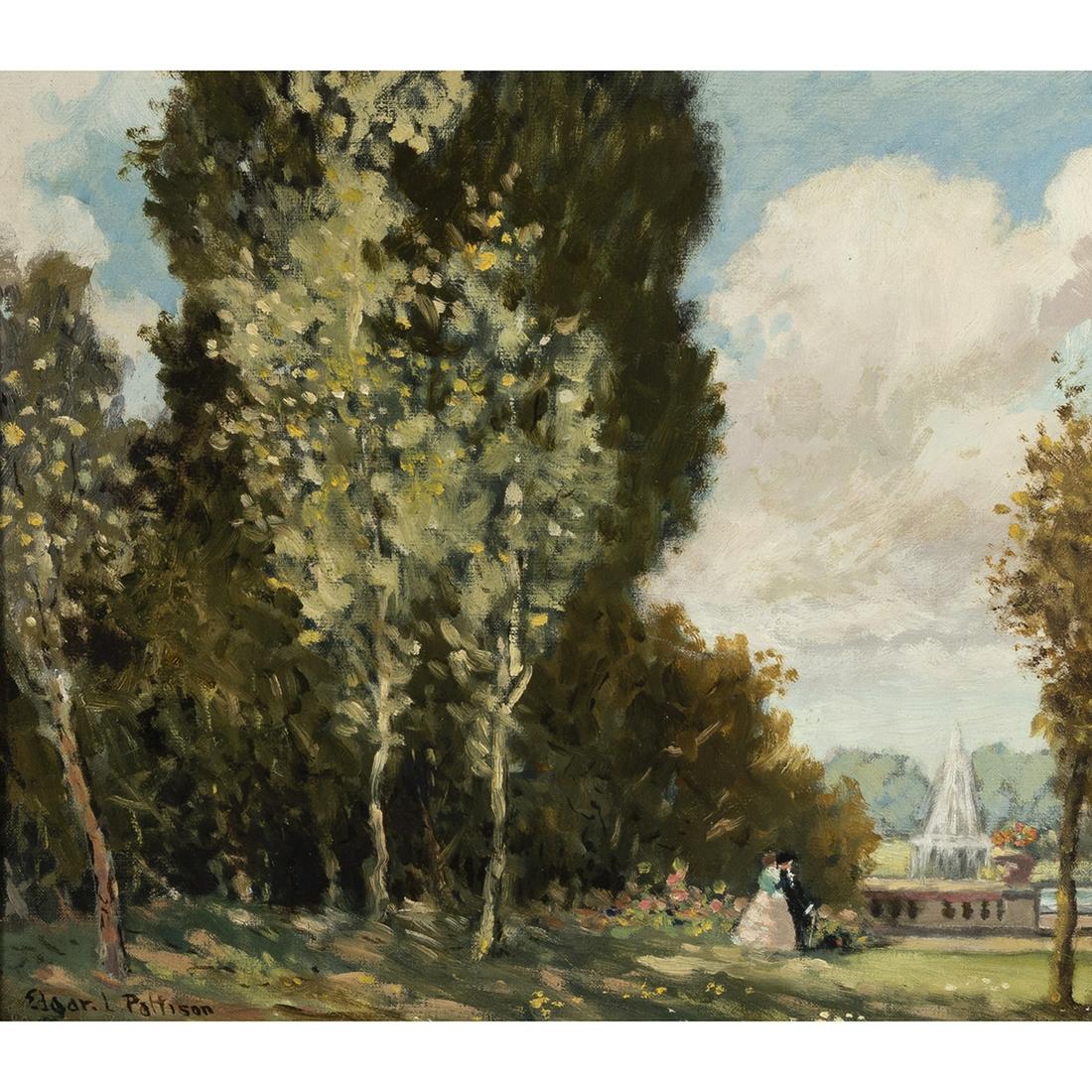 Edgar L. Pattison, Garden Scene, Oil on Canvas: EDGAR L. PATTISON (English, b. 1872-1950), Garden Scene with a Couple, oil on canvas, canvas: 13.5 x 15 inches, framed: 22.5 x 23 inches, signed lower left.