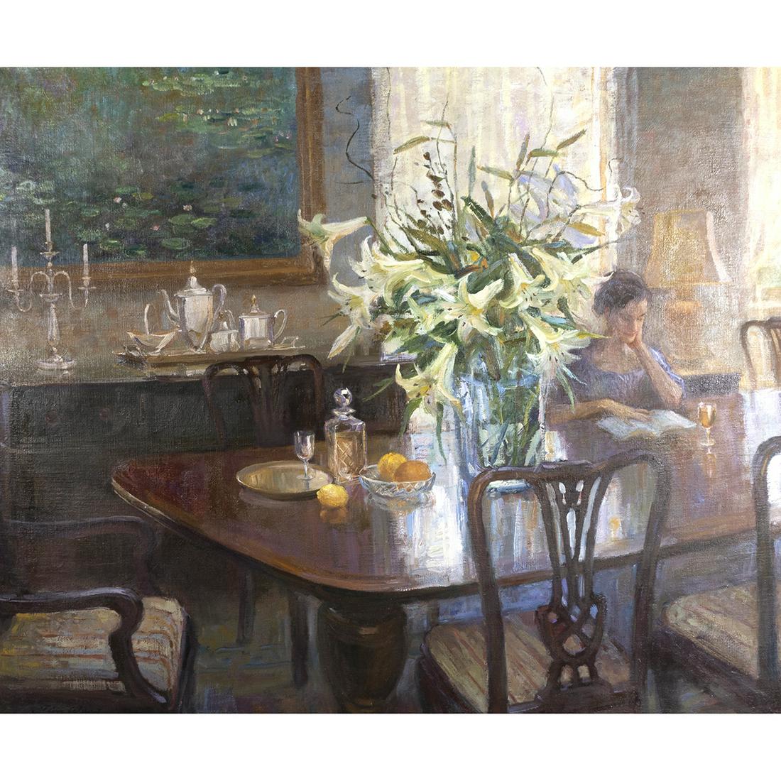 Tie Wang, Woman Reading by Vase of Lilies: TIE WANG (Chinese 20th / 21st Century), Woman Reading by Vase of Lilies, oil on canvas, canvas: 31 x 35.25 inches, framed: 40 x 46 inches, signed lower left.