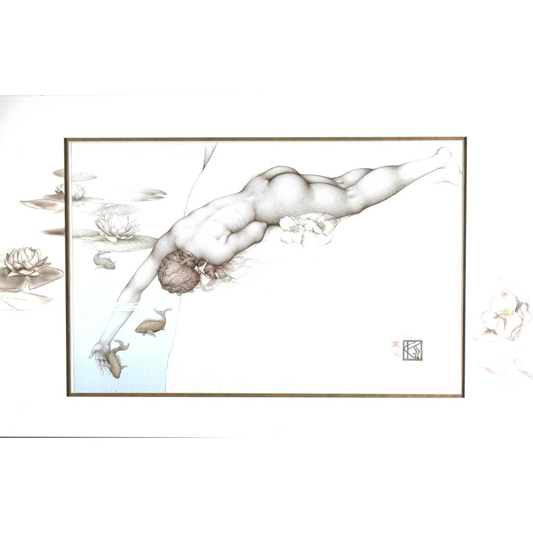 Michael Parkes, Nude Figure, Lithograph in Colors: MICHAEL PARKES (American, b 1944) , Nude Figure Reaching Into Water Touching a Fish, 1995, hand pulled stone lithograph print, sheet: 18.25 x 27.5 inches, framed: 29.5 x 43.25 inches, signed and stamp