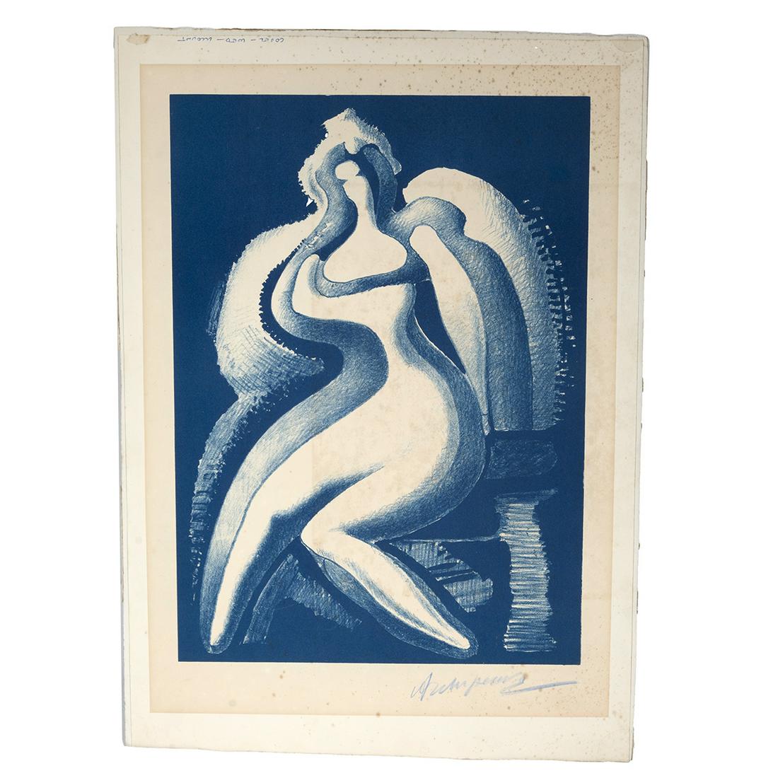 Alexander Archipenko, Coquette, Lithograph in Blue: ALEXANDER ARCHIPENKO (American/Ukrainian, 1887-1964), Coquette, 1950, lithograph in blue, image: 14 x 10 inches, 17.5 x 12.25 inches. pencil signed in blue lower right, from an edition of 150. Printed