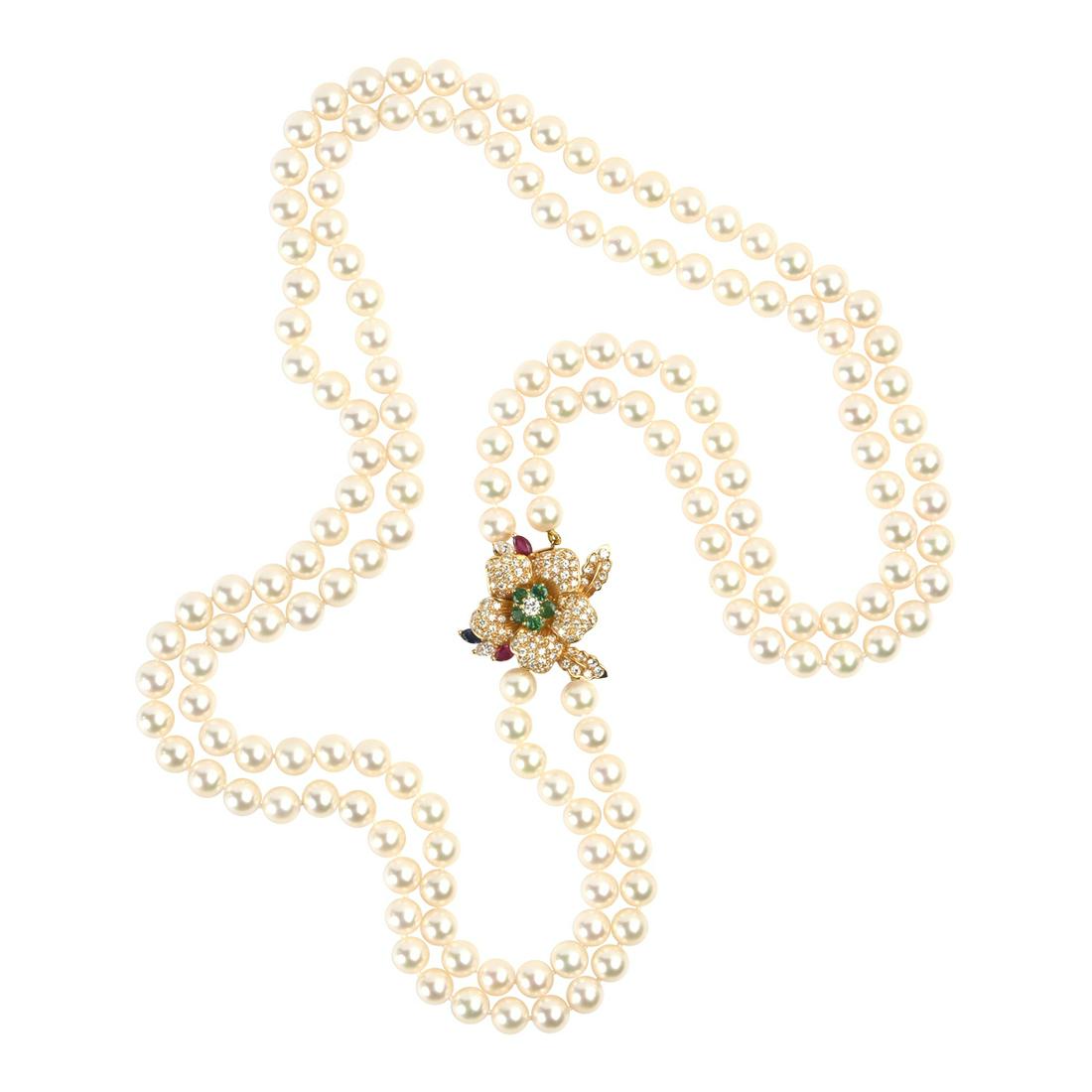 Cultured Pearl, Multi-Stone, Diamond, Gold Necklace. (1 of 3)