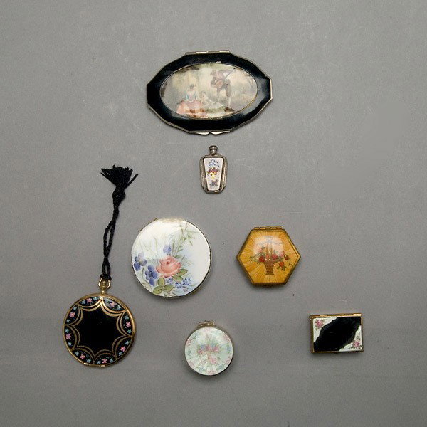 Group of Six Assembled Enameled Compacts: Group of Six Assembled Enameled Compacts {Dimensions of largest 2 5/8 x 4 inches} [Miniature scent bottle not included]