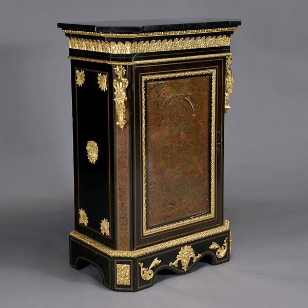 Napoleon III Gilt Bronze Boulle Meuble D'Appui: Napoleon III Gilt Bronze Cut Brass Tortoise Shell Mounted Boulle Meuble D'Appui, Third Quarter 19th Century, The rectangular slate top over an outswept cornice with an egg and dart surround over a aca