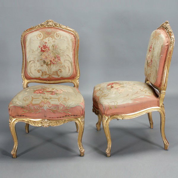 Pair of Louis XV Style Giltwood Fauteuils: Pair of Louis XV Style Giltwood Fauteuils with Aubusson Tapestry Upholstery {Dimensions 38 x 21 1/2 x 19 inches}