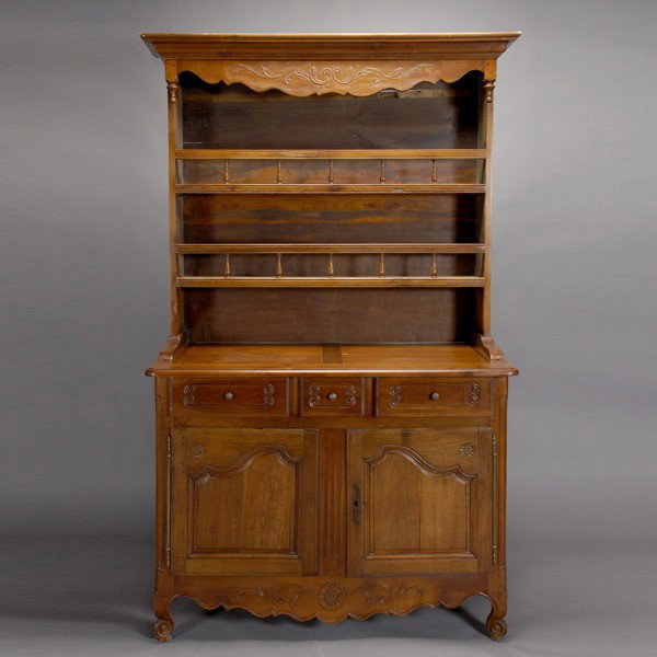 Louis XV Style Cherry Buffet with Plate Rack: Louis XV Style Cherry Buffet with Plate Rack, the paneled upper section with an outswept molding over scalloped frieze and two galleried shelves, the base with an outswept rectangular top over three s