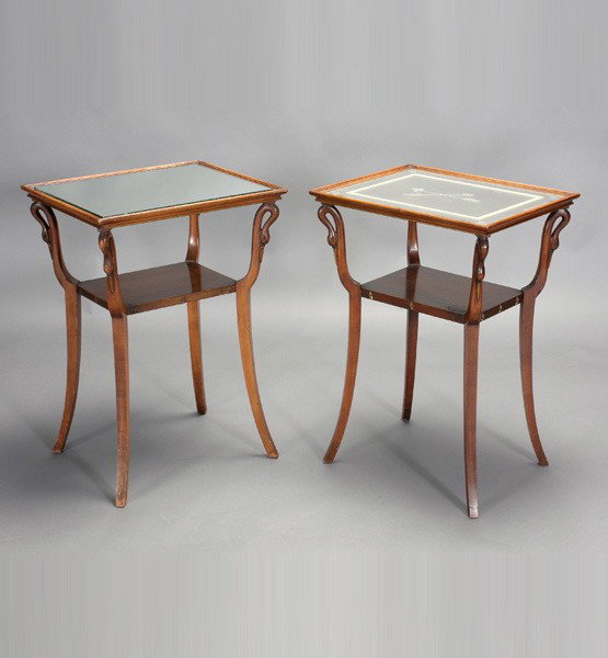Pair of Wood Side Tables with Mirror Tops: Pair of Wood Side Tables with Mirror Tops {Dimensions 28 1/4 x 20 x 16 inches} [One top replaced]