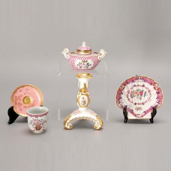 Three French Porcelain Wares: Three French Porcelain Wares; an inkwell; a shell dish; and a tripod candlestick; together with a Chinese export cup and a Coalport saucer (5) {Height of candlestick 5 inches} [Shell dish repaired and