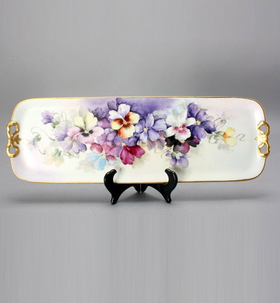 Bavarian Porcelain Tray with Pansy Decoration: Bavarian Porcelain Tray with Pansy Decoration, signed Freiberg {Length 19 1/4 inches} [Good condition]