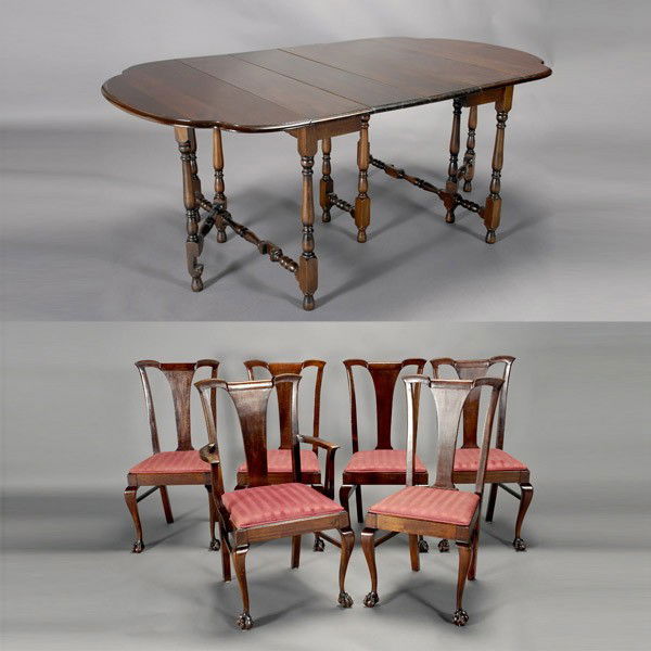 Gateleg Dining Table and Six Chairs, with 2 leaves: William and Mary Style Gateleg Dining Table and Six Chairs, 20th Century {Dimensions of table without leaves 29 x 54 x 41 1/2 inches; arm chair 39 1/2 x 23 1/4 x 19 1/4 inches}