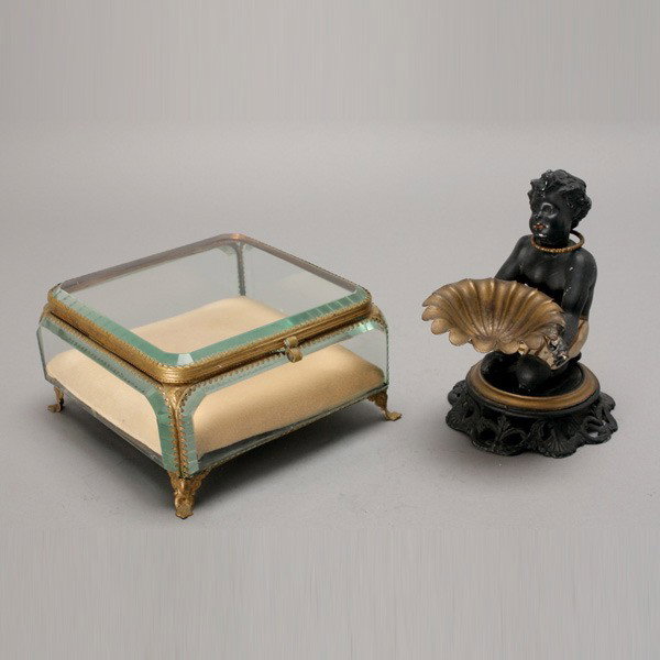 Blackamoor Figural Tray and a Jewelry Casket: Blackamoor Papier Mache Figural Tray and a Gilt Metal Jewelry Casket with Beveled Glass Panels {Height of figure 7 inches; dimensions of box 4 x 7 x 7 inches}