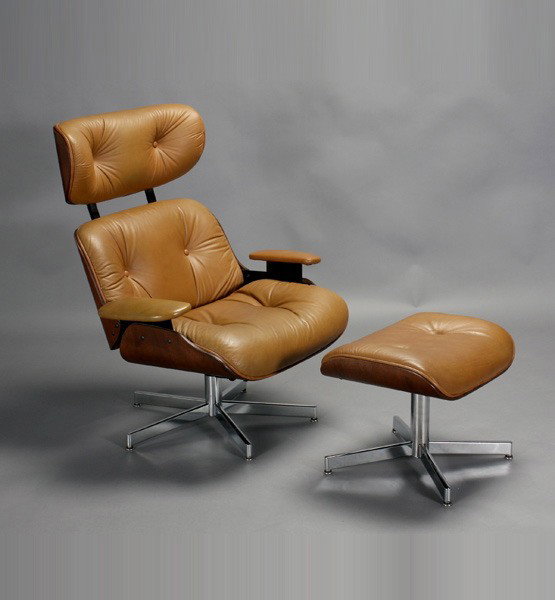 Herman Miller Style Tan Vinyl Chair with Ottoman: Herman Miller Style Tan Vinyl Lounge Chair with Ottoman {Dimensions of chair 40 x 33 x 27 inches}