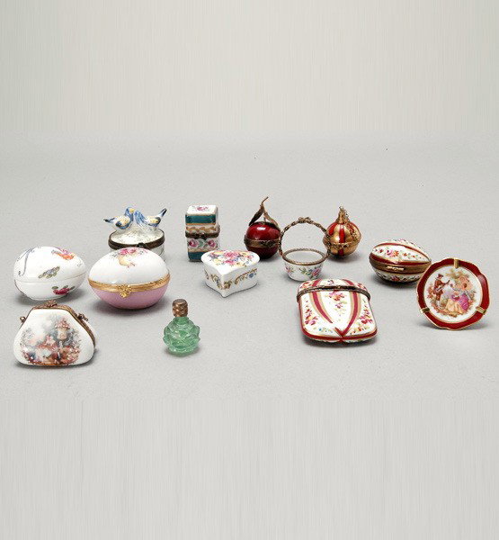 Group of Ten Limoges Porcelain Boxes: Group of Ten Limoges Porcelain Boxes and Two Miniature Decorations (12) {Height of largest box 2 3/4 inches}