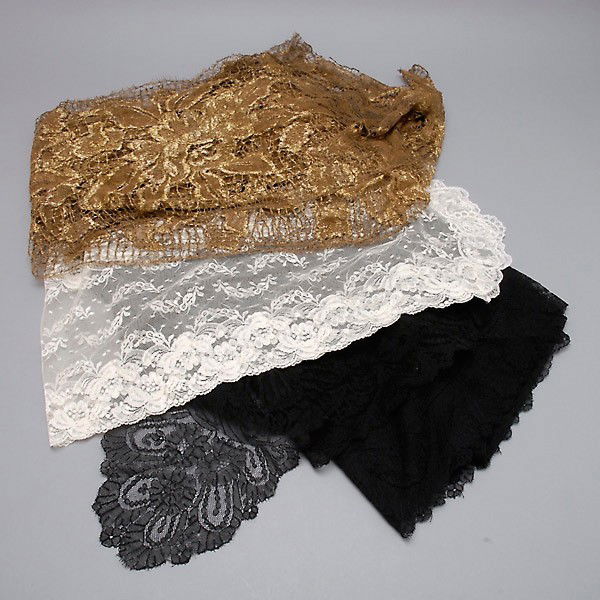 Three Lace Shawls or Coverings: Gold Thread Lace Shawl; together with a black lace shawl and a white lace head covering (3)