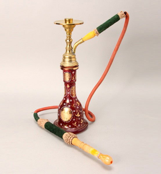 723 Persian Painted Glass and Brass Hookah