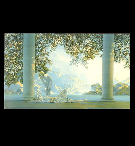 Maxfield Parrish, Period Frame, Offset litho: MAXFIELD PARRISH (American, 1870 - 1966) "Day Break" House of Art NY City Offset lithograph. 18 x 30 inches. In good/fair condition; light fading. In Period Frame with minor damage.