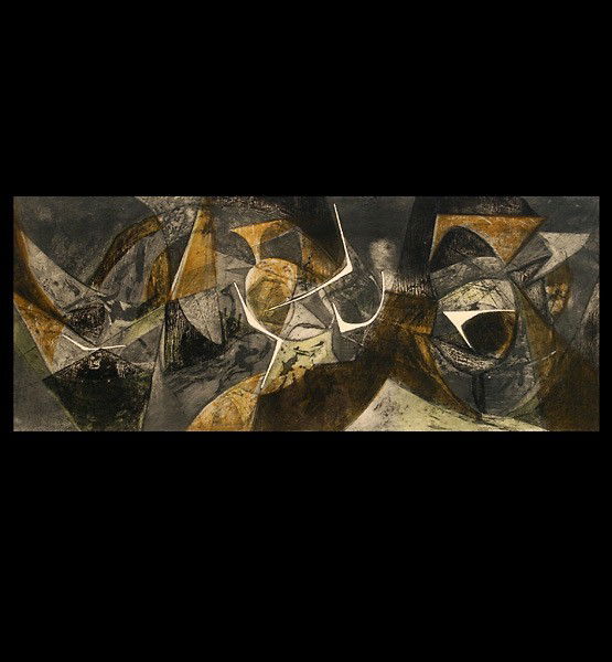 Ernest Freed intaglio print modern print art: ERNEST BRADFIELD FREED (American, 1908-1974). "The Elements I" Color intaglio, 1958. Image: 14 3/4 x 36 inches. Signed and dated lower right. Titled lower left. In good condition: paper shows aging, c