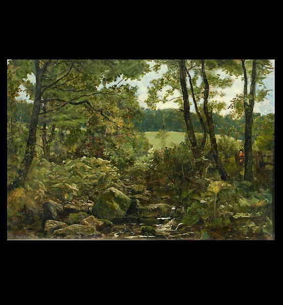 John Wright Oaks 19th c British landscape: JOHN WRIGHT OAKS (British, 1820 - 1887). "The Woodland Brook" Oil on canvas. 14 x 20 inches. Signed lower left. In good condition: Craquelure across surface.