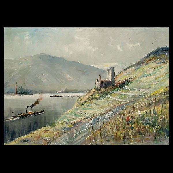 German School. 20th c. Ehrenfels Castle. Oil.: GERMAN SCHOOL (20th century). "Blick auf die Ruinen der Burg Ehrenfels am Rhein" Oil on canvas. 20 x 27 1/2 inches. Signed indistinctly lower left. Inscribed in German on verso stretcher bar. In good