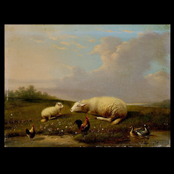 Franz van Severdonck flemish painting 19thc: FRANZ van SEVERDONCK (Belgian, 1809-1889) . "Sheep and Fowl in the Meadow at Dusk" Oil on panel. 7 1/2 x 10 inches. Signed lower right. In very good condition. Scrapes along extreme margins under fram