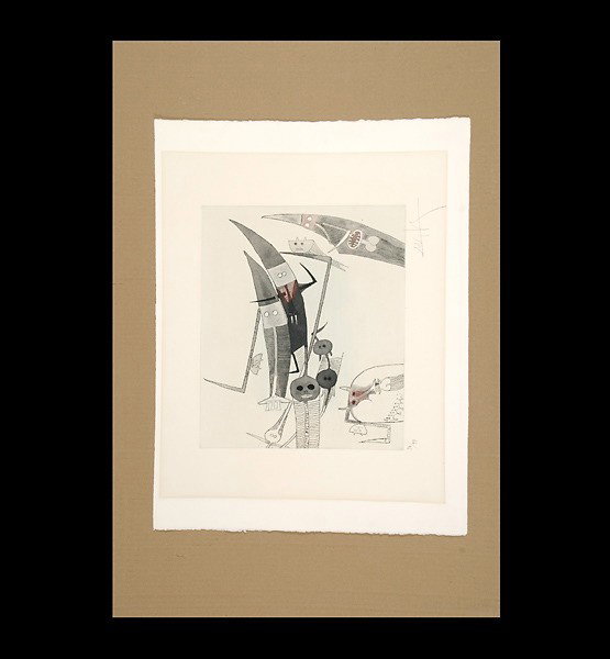 Wifredo Lam original aquatint 1977 cuba cuban art: WIFREDO LAM (Cuban, 1902 - 1982) "Untitled from Lames de Lam" Color etching with aquatint on paper, 1977. Plate: 13 x 15 1/2 inches. Signed lower right. Numbered 34/99 lower left. In good condition: L