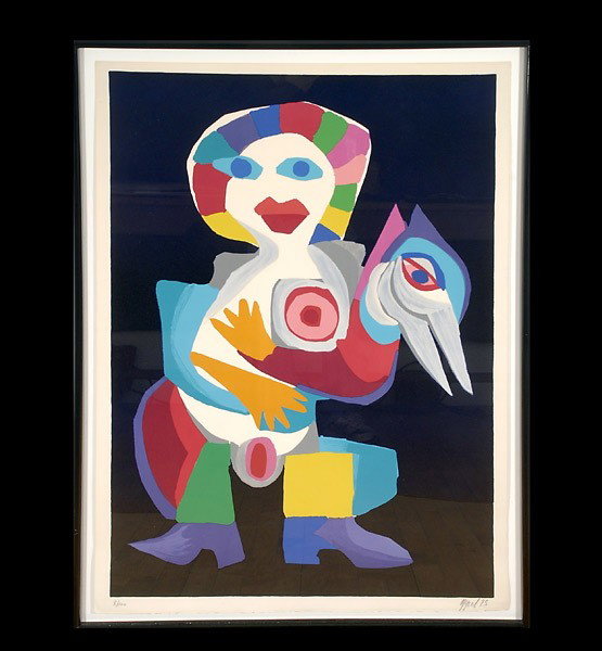 Karel Appel COBRA art lithograph: KAREL APPEL (Dutch, 1921 - 2006) "Woman with Dog" 1975. Lithograph on paper. Sheet: 41 x 28 inches. Signed and dated lower right. Numbered 8/100 lower left. In good condition: Some edge wear. Framed, 