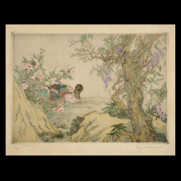 Elyse Lord Chinese style Color Etching: ELYSE ASHE LORD (British, 1900 - 1971) "Ducks in a Pond, Chinese Manner" Hand colored etching. Plate: 8 1/2 x 12 inches. Signed in pencil lower right. Titled and numbered lower left: Chinese 23/75. Go