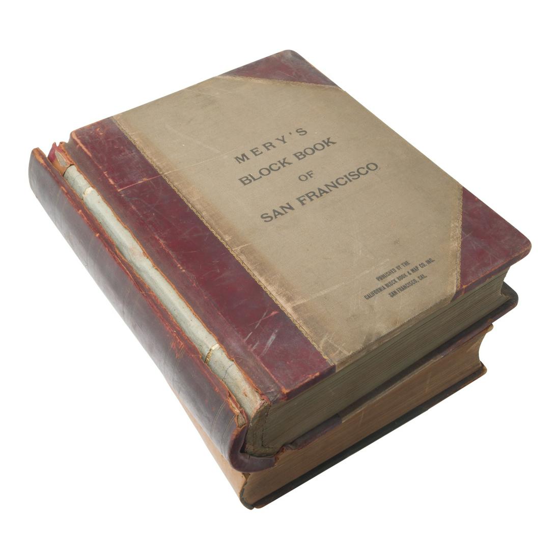 Two Block Books of San Francisco 1907 and 1909: Mery's Block Book of San Francisco: 1909 and "Hicks-Judd San Francisco Homesteads: 1907" Condition: Significant wear to covers and bindings. Separation between binding and covers including one loose c