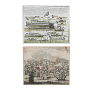 John Ogilby and Christoph Weigel, Two Vintage Maps: JOHN OGILBY and JOHANN CHRISTOPH WEIGEL (British, 1600-1676), (German, 1654-1726), Urbs Salvador, 1671 and Bucentauro, 1718, two vintage copper engraved maps with hand-coloring, possibly later prints,