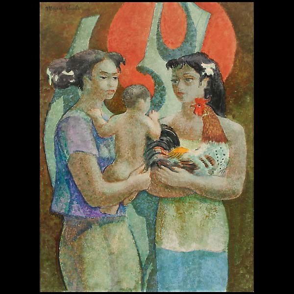 Millard Sheets Women watercolor 1950: MILLARD OWEN SHEETS (American, 1907-1989) Young Women with Infant and Rooster Watercolor on paper, circa 1950 Sight: 30 x 22 inches Signed upper left In very good condition. Framed and glazed. Not exa