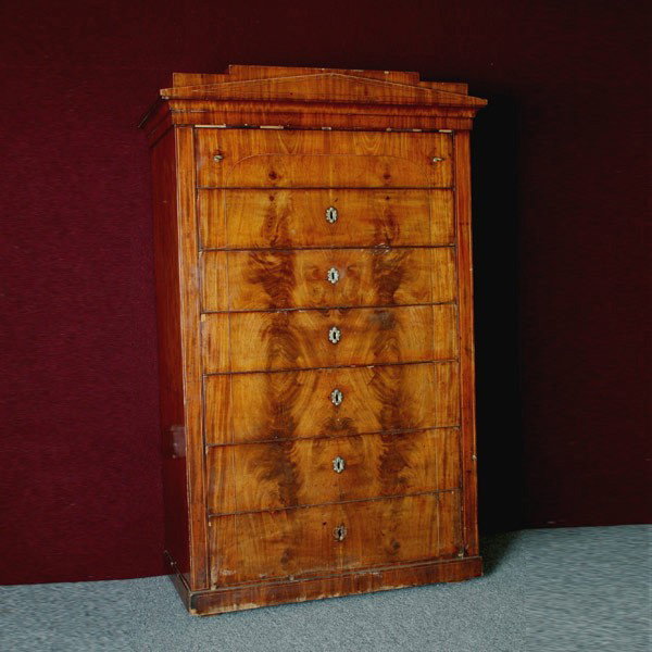 Biedermeier Walnut Chest of Drawers: Biedermeier Walnut Chest of Drawers The step top cornice with outset corners, over seven long drawers, each drawers mounted with metal lock plates. Dimensions 60 1/4 x 38 x 20 inches (153 x 96.5 x 51 
