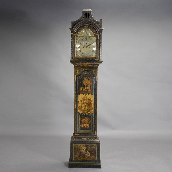 George III Lacquer Tall Case Clock,Joseph Stephen: George III Chinoiserie Lacquered Long Case Clock The rectangular hood with arched molded cornice with inset lattice panel raised on gilt mounted columns enclosing an arched door, the sides with stenci