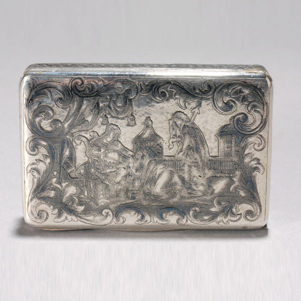 Russian Niello Silver Box: Russian Niello Silver Box The rectangular form centered with a scene of the Prodigal Son enclosed within a rocaille scrollwork cartouche, the sides with a chevron over a fish scale border, the reverse