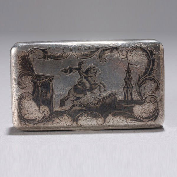 Russian Niello Silver Box, 1849: Russian Niello Silver Box The rectangular form centered with a monument of Czar Peter the Great, a ship in the foreground, enclosed within a rocaille scrollwork cartouche, the reverse with architectur
