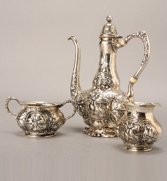 Art Nouveau Unger Bros 925 3PC Coffee Service: Art Nouveau Sterling Three Piece Coffee Set Fashioned in the Islamic style, the coffee pot cast in the form of an oil lamp with a hinged domical lid surmounted by a bud form finial, overall decorated 