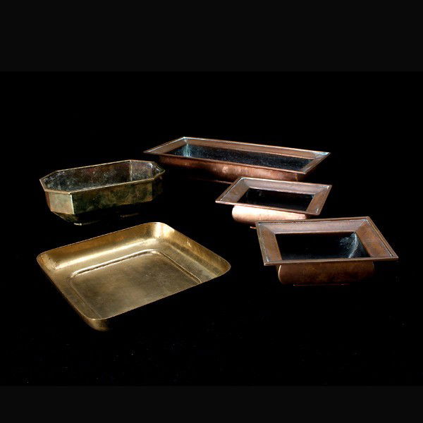 Five Dirk Van Erp Planters: Five Dirk Van Erp Planters Comprising set of three graduated bombe form hand hammered copper rectangular trays with wide flaring rims; a brass hexagonal paneled footed vessel; and a hand wrought brass