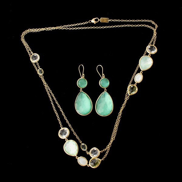 IPPOLITA MOP, QUARTZ, 18K Y/G JEWELRY SUITE. : IPPOLITA MOTHER OF PEARL, QUARTZ, 18K YELLOW GOLD JEWELRY SUITE. Including one 36 inch necklace, composed of several segments of bezel set, linked, faceted topped mother of pearl, quartz cabochons, ea