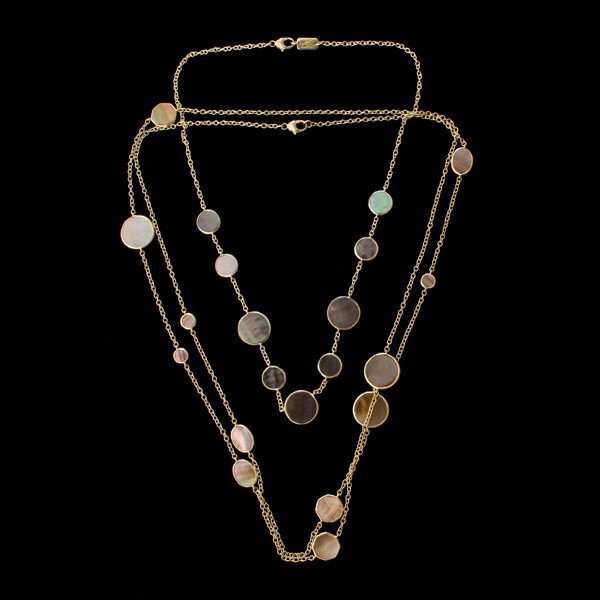 2 MOTHER OF PEARL, 18K YELLOW GOLD NECKLACES.: COLLECTION OF TWO MOTHER OF PEARL, 18K YELLOW GOLD NECKLACES. Including one Ippolita mother of pearl disc, 18k yellow gold link 17 inch necklace together with one mother of pearl disc 18k yellow gold 
