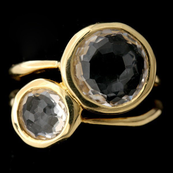 IPPOLITA ROCK CRYSTAL QUARTZ, 18K YELLOW GOLD RIN: IPPOLITA ROCK CRYSTAL QUARTZ, 18K YELLOW GOLD RING. Featuring two faceted topped round rock crystal quartz cabochons, bezel set in an 18k yellow gold mounting. Size 7, .4 dwts